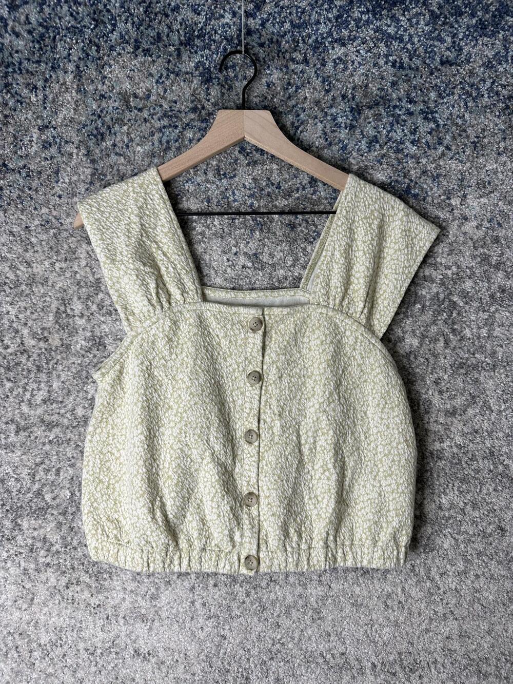 Madewell Tank Top Womens Medium Green Floral Square Neck Button Cropped Stretch